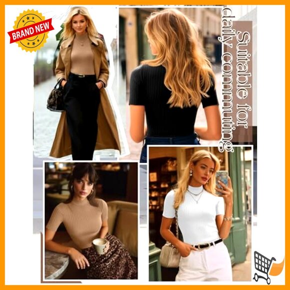 Mock Turtleneck Ribbed Tees Slim Fit Layering Tops Lightweight Cotton Blend - Picture 2 of 7